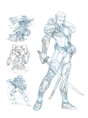Character concept drawings of role-playing game miniatures for Magnificent Egos