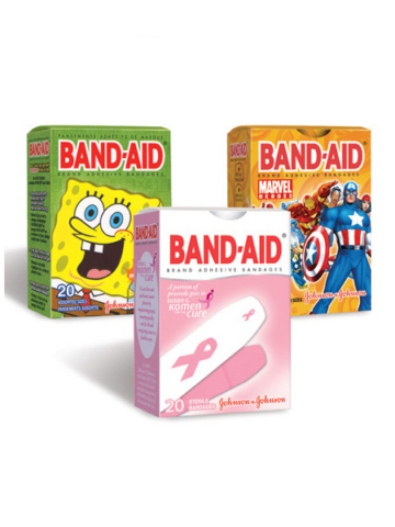Band-Aid, Johnson & Johnson package designs for SpongeBob Squarepants, Marvel Avengers, & Susan G. Women licenses