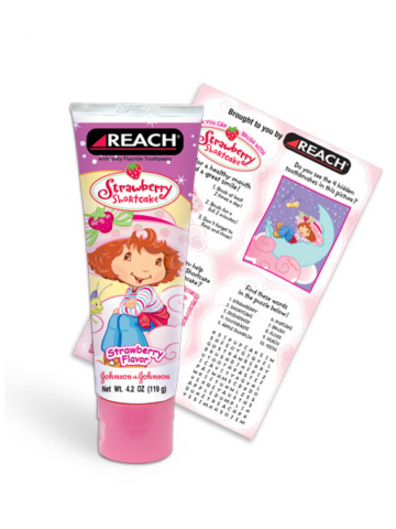 Johnson & Johnson Reach toothpaste and activity sheet design for Strawberry Shortcake license