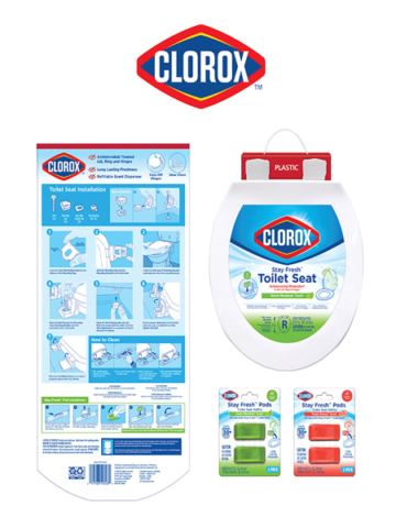 Clorox Stay Fresh Scented Toilet Seat packaging design & instructional illustration