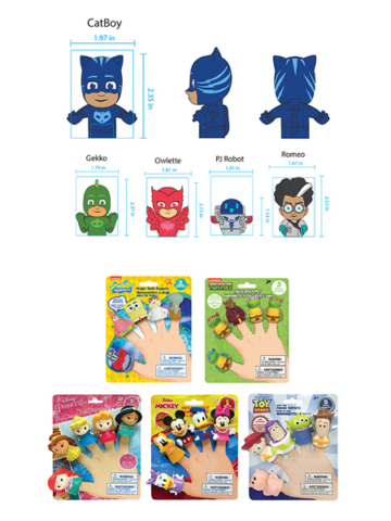 Turnaround illustrations for licensed finger puppet designs - PJ Masks, SpongeBob SquarePants, Teenage Mutant Ninja Turtles, Disney Princess, Mickey Mouse, & Toy Story