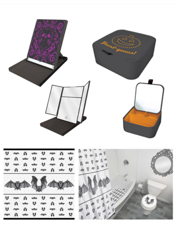 Seasonal houseware designs for Halloween - Mirror, vanity box, shower curtain, bath mat & Toilet Seat decal